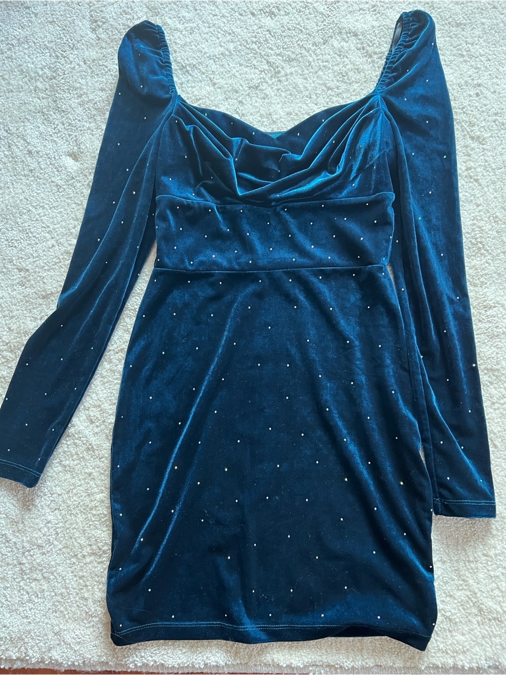 Windsor Teal Velvet Long-Sleeve Mini Dress with Sparkle